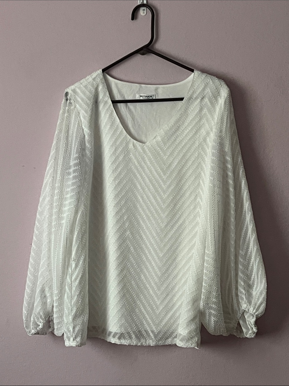 White Chevron Sheer Long-Sleeve Blouse